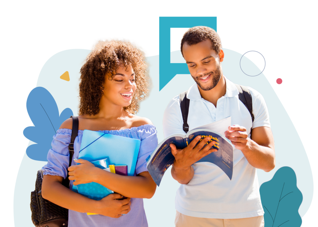 Two students looking at book