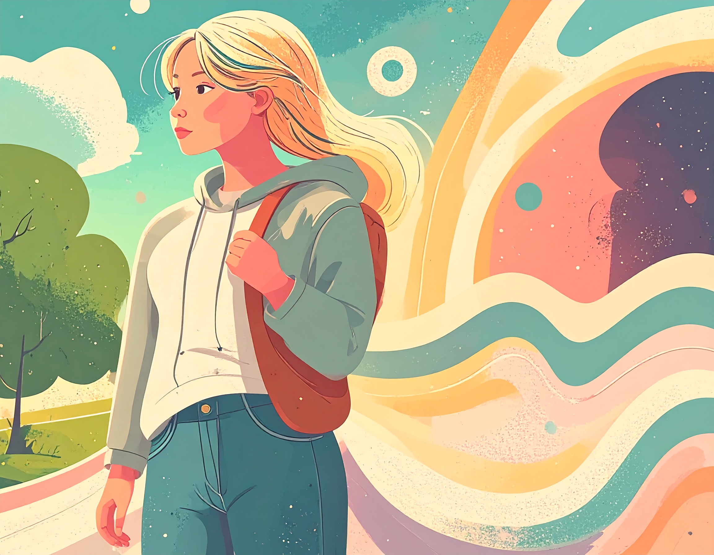 Illustration of a female student walking across campus