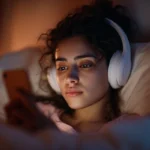 College student in bed with headphones on phone