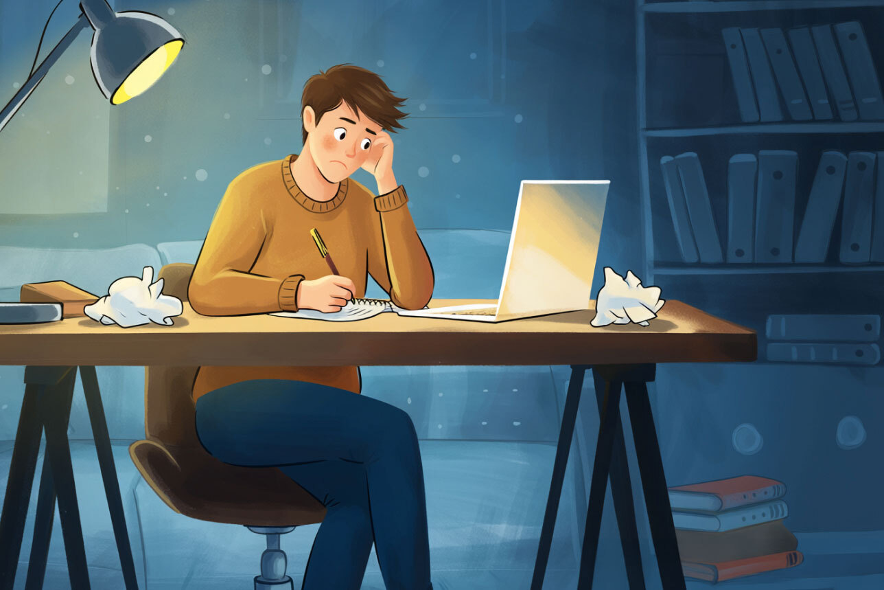 Illustration of a male student working at a desk at night