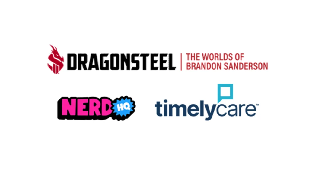 Logos for Dragonsteel, Nerd HQ, and TimelyCare in a line