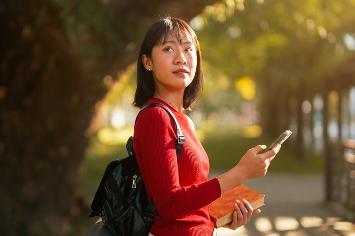 College student standing outside on campus with phone