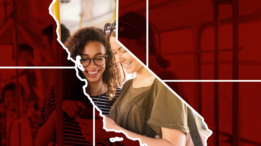Two female students centered in a graphic of the state of California