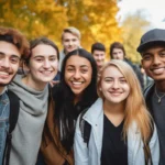 A group of students gathered together outside on a college campus