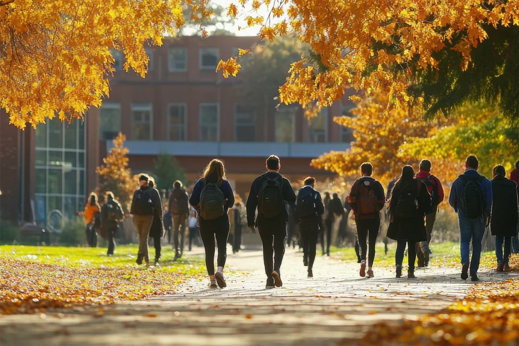 Students walking on campus during fall