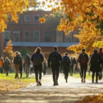 Students walking on campus during fall