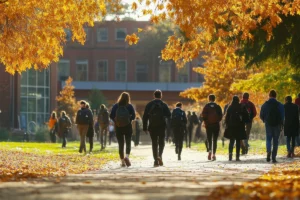 Students walking on campus during fall