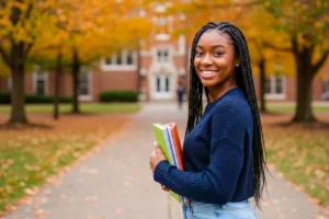 A female student holds her books and smiles in front of a campus building in the fall.