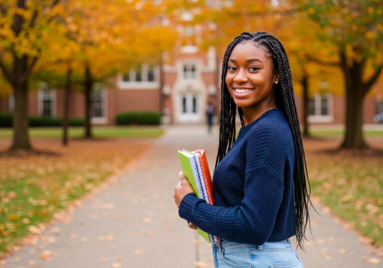 A female student holds her books and smiles in front of a campus building in the fall.
