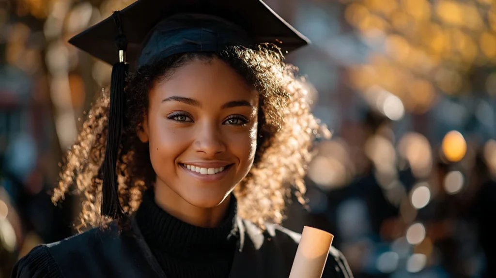 Happy female student in graduation regalia smiles holding her degree