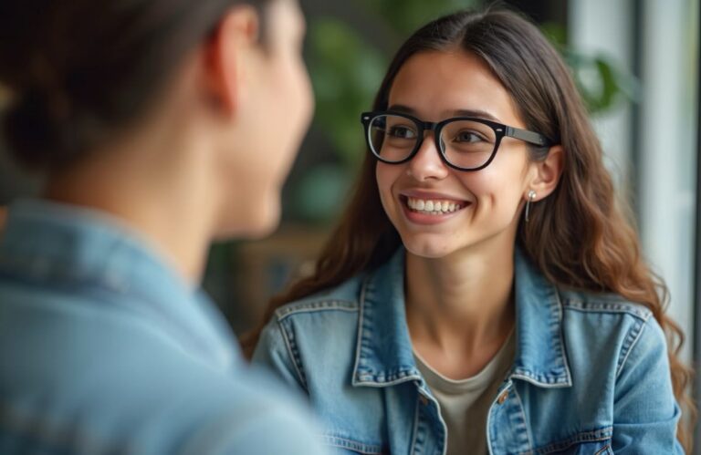 Happy female student looking away.