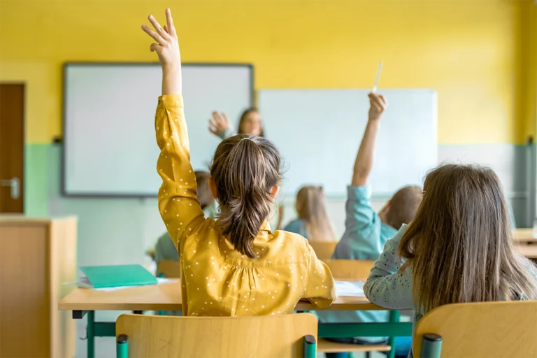 Elementary student in class with hand raised